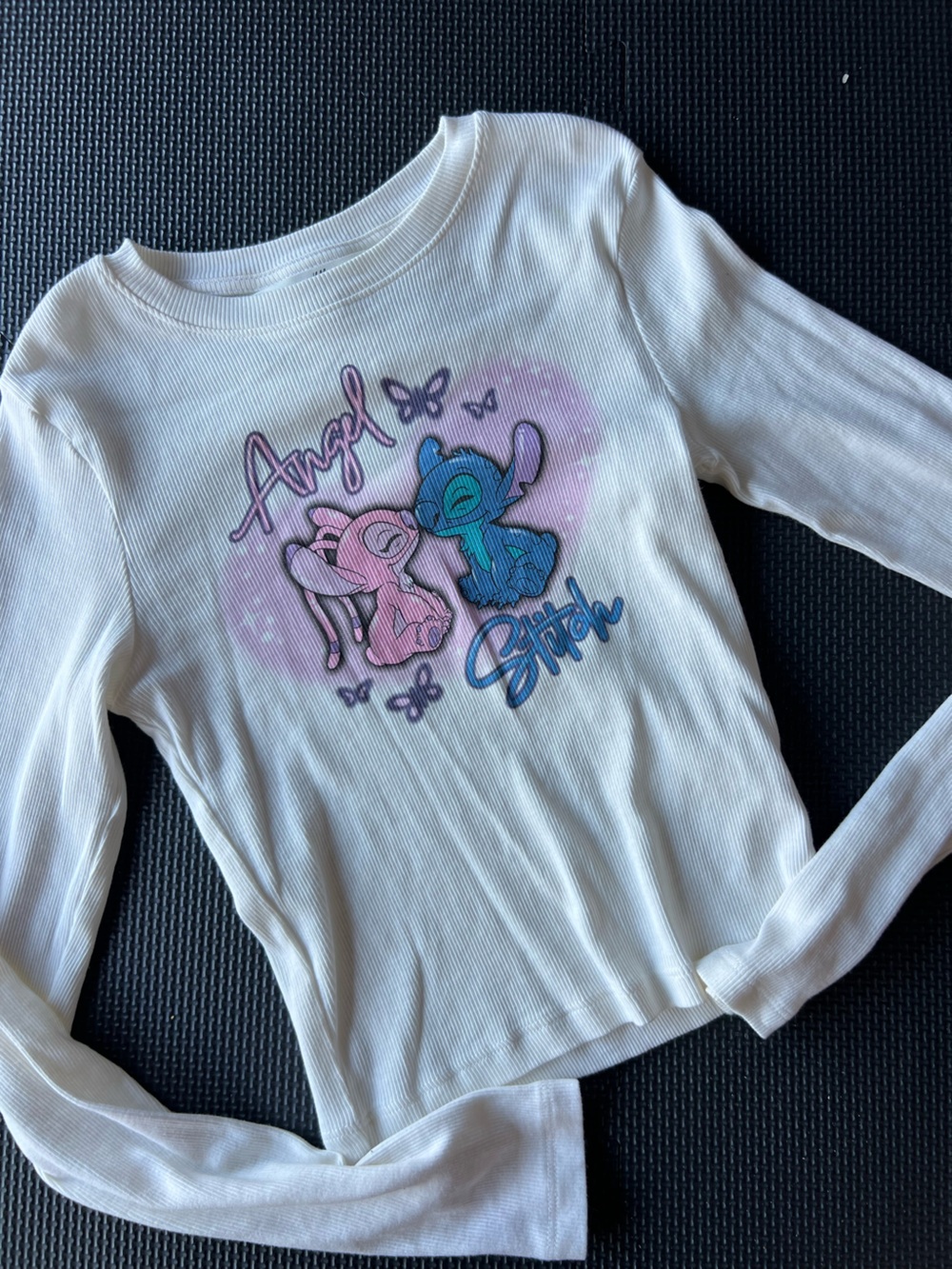 Disney White Long-Sleeve Top Ribbed with Pink Angel & Blue Stitch Graphic